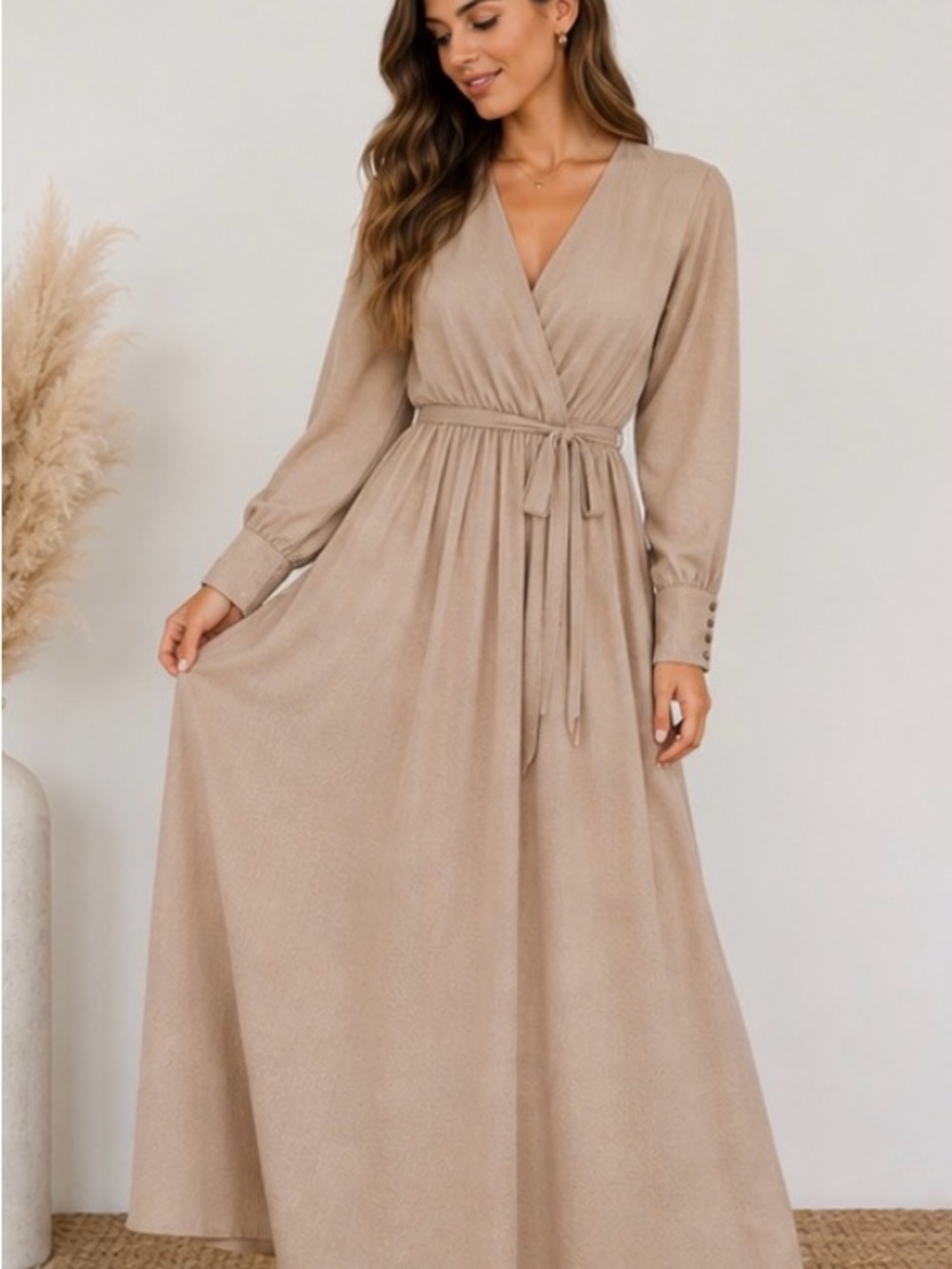 Baltic Born -Large Long Sleeve V-Neck Wrap Maxi Dress in Beige